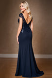Navy Sheath Cap Sleeve Long Mother Of The Bride Dress With Sequins