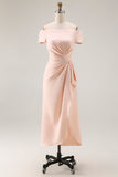 Off the Shoulder Sheath Apricot Ruched Midi Mother of the Bride Dress with Slit
