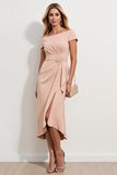 Apricot Off The Shoulder Ruched Sheath Mother Of The Bride Dress with Ruffle Slit