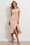 Apricot Off The Shoulder Ruched Sheath Mother Of The Bride Dress with Ruffle Slit