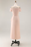 Off the Shoulder Sheath Apricot Ruched Midi Mother of the Bride Dress with Slit