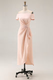Off the Shoulder Sheath Apricot Ruched Midi Mother of the Bride Dress with Slit