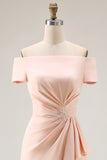 Off the Shoulder Sheath Apricot Ruched Midi Mother of the Bride Dress with Slit