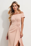 Apricot Off The Shoulder Ruched Sheath Mother Of The Bride Dress with Ruffle Slit