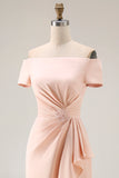 Off the Shoulder Sheath Apricot Ruched Midi Mother of the Bride Dress with Slit