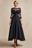 Black A Line 3/4 Sleeve Tea Length Mother of the Bride Dress with Appliques