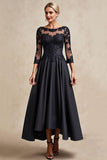 Black A Line 3/4 Sleeve Tea Length Mother of the Bride Dress with Appliques