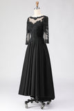 Black A Line Tea Length 3/4 Sleeve Mother of the Bride Dress with Appliques