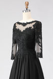 Black A Line Tea Length 3/4 Sleeve Mother of the Bride Dress with Appliques