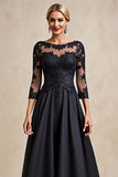 Black A Line 3/4 Sleeve Tea Length Mother of the Bride Dress with Appliques