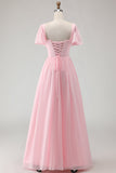 Candy Pink A Line Square Neck Chiffon Long Bridesmaid Dress