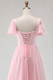 Candy Pink A Line Square Neck Chiffon Long Bridesmaid Dress