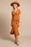 Orange Sheath V Neck Midi Mother Of The Bride Dress