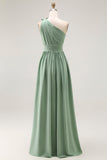 Green A Line One Shoulder Ruched Bridesmaid Dress with Slit