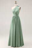 Green A Line One Shoulder Ruched Bridesmaid Dress with Slit
