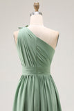 Green A Line One Shoulder Ruched Bridesmaid Dress with Slit