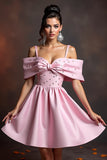 Pink Cold Shoulder Beaded Short Prom Dress