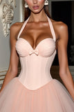 Blush Halter Corset Short Prom Dress With Bow