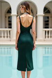 Deep V Neck Sheath Ruched Pine Cocktail Dress with Beading