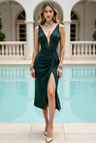 Deep V Neck Sheath Ruched Pine Cocktail Dress with Beading