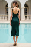 Deep V Neck Sheath Ruched Pine Cocktail Dress with Beading