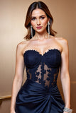 Strapless Corset Satin Navy Sheath Cocktail Dress