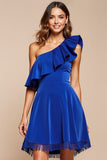 One Shoulder Royal Blue Satin A Line Cocktail Dress