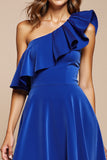 One Shoulder Royal Blue Satin A Line Cocktail Dress
