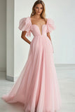 Pink A Line Sweetheart Ruffled Long Formal Dress with Sleeves