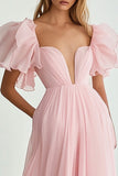Pink A Line Sweetheart Ruffled Long Formal Dress with Sleeves