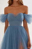 Grey Blue A Line Tulle Long Formal Dress with Slit