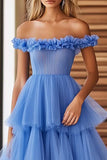 Off The Shoulder Blue Tiered Formal Dress With Ruffles