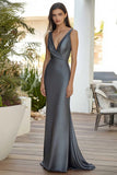 Dark Grey Satin V-Neck Ruched Formal Dress