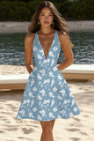 White Blue Flower A Line V-Neck Short Summer Dress