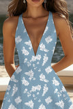 White Blue Flower A Line V-Neck Short Summer Dress