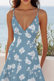 Blue White Flower A Line V-Neck Midi Boho Dress