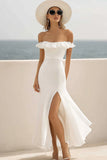 Off The Shoulder White Chiffon Ruffled Holiday Dress