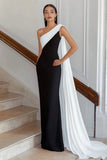 Black and White One Shoulder Sheath Long Formal Dress with Streamer
