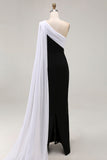 Black and White One Shoulder Sheath Long Formal Dress with Streamer