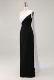 Black and White One Shoulder Sheath Long Formal Dress with Streamer