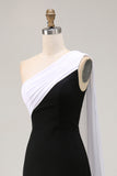 Black and White One Shoulder Sheath Long Formal Dress with Streamer