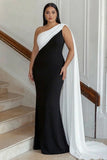 Black and White One Shoulder Sheath Long Formal Dress with Streamer