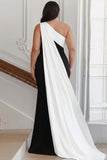 Black and White One Shoulder Sheath Long Formal Dress with Streamer