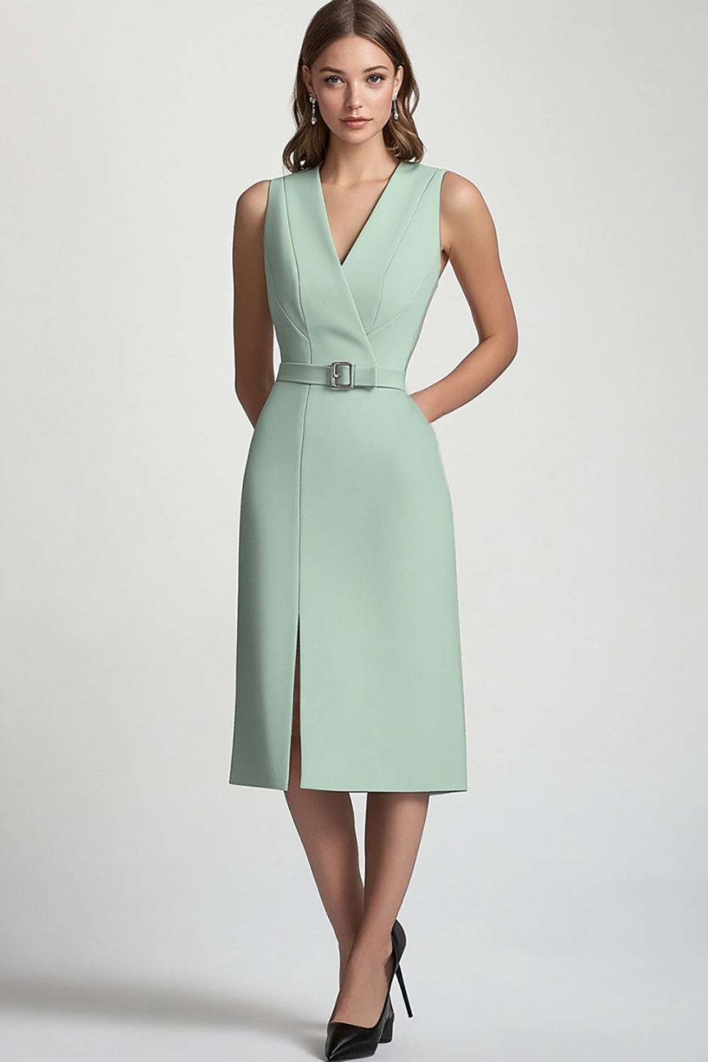 ZAPAKA Women Bodycon Work Dress With Belt Mint Green V Neck Semi Formal Dress Zapaka CA ZAPAKA Women Bodycon Work Dress With Belt Mint Green V Neck Semi Formal Dress Zapaka CA