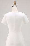 Ivory Asymmetrical Pleated Work Dress with Short Sleeves