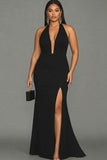 Mermaid Black Halter Satin Long Formal Dress with Slit