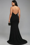 Mermaid Black Halter Satin Long Formal Dress with Slit