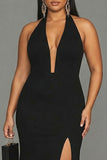 Black Halter Mermaid Satin Long Plus Size Formal Dress with Slit