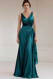 Grey Blue V Neck A Line Long Formal Dress