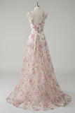 Sparkly Pink Floral V Neck Prom Dress